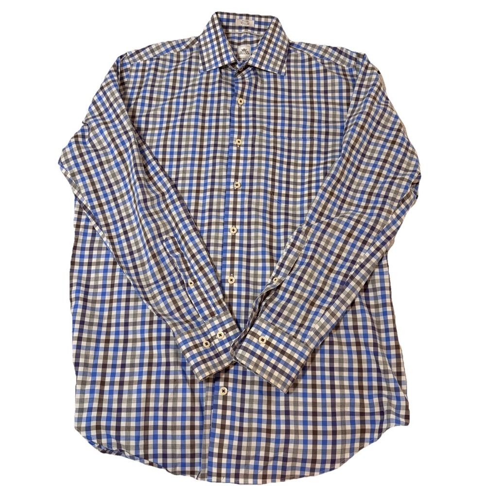 Peter‎ Millar Shirt Mens Button Down Medium Checkered Blue & Black 100% Cotton